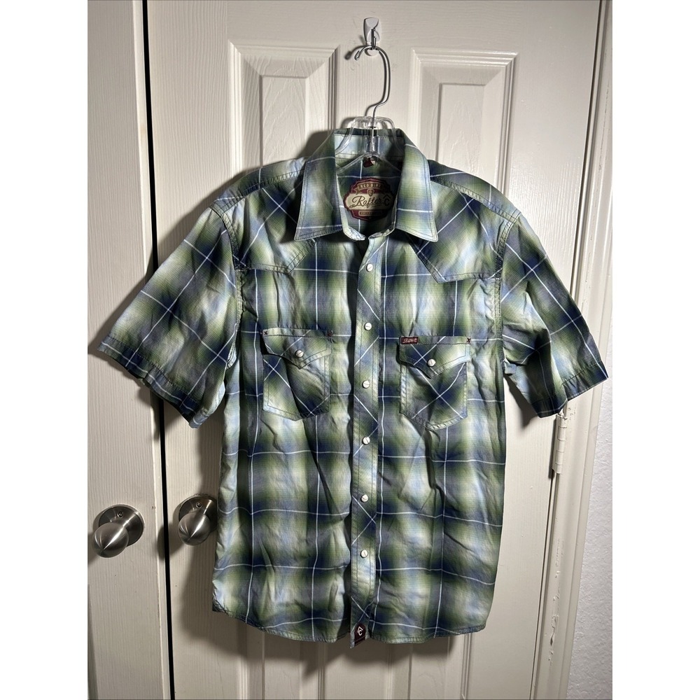 Vtg Mens Rafter C Red Dirt Pearl Snap Shirt Short Sleeve‎ Size M Green Plaid